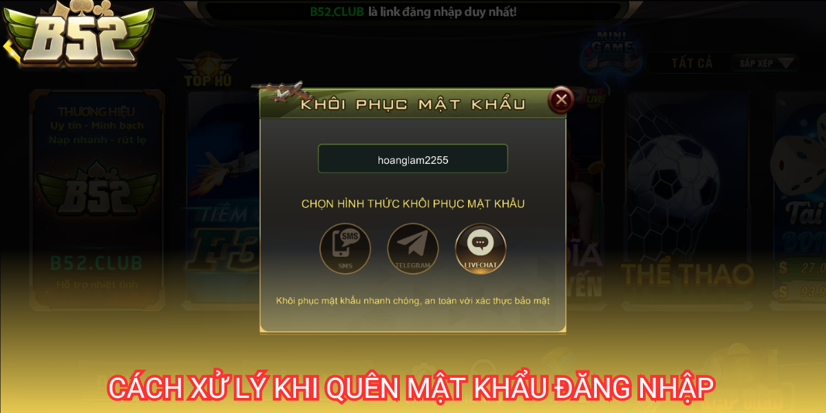 Người chơi tick chọn quên mật khẩu, khi đó sẽ xuất hiện 3 phương án hỗ trợ mà cổng game hiện đang cung cấp