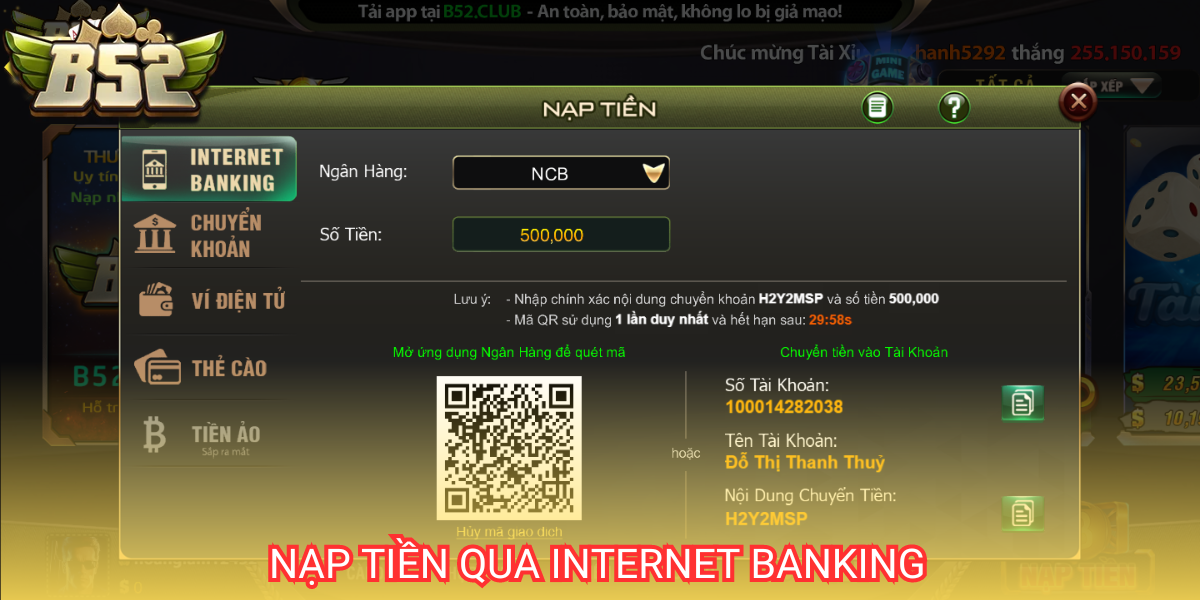 Internet Banking là phương thức nạp tiền hàng đầu tại cổng game B52 Club